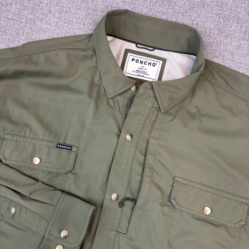 Poncho Fishing Shirt Mens 3XL Olive Green Magnetic Pockets Technical Outdoor